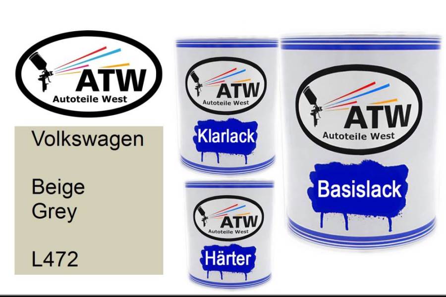 Volkswagen, Beige Grey, L472: 1L Lackdose + 1L Klarlack + 500ml Härter - Set, von ATW Autoteile West.